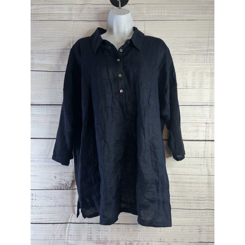 J. Jill  Love Linen Navy Linen Tunic Top  3/4 Knit Sleeve Woven Front